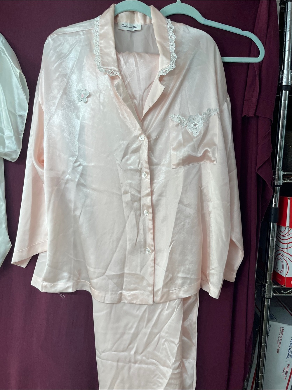 Dior Pale Blush Satin Lace-Trim Pajama Set